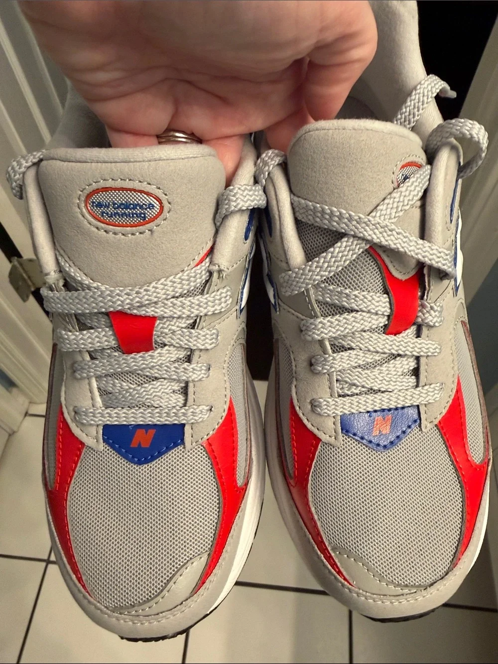 New Balance Grey Red Blue Running Sneakers